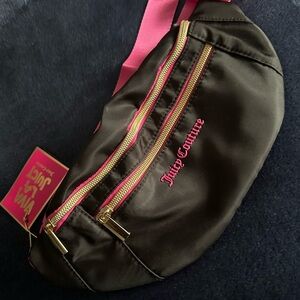 Juicy Couture Black Belt Bag with Pink Accents and Gold Zippers